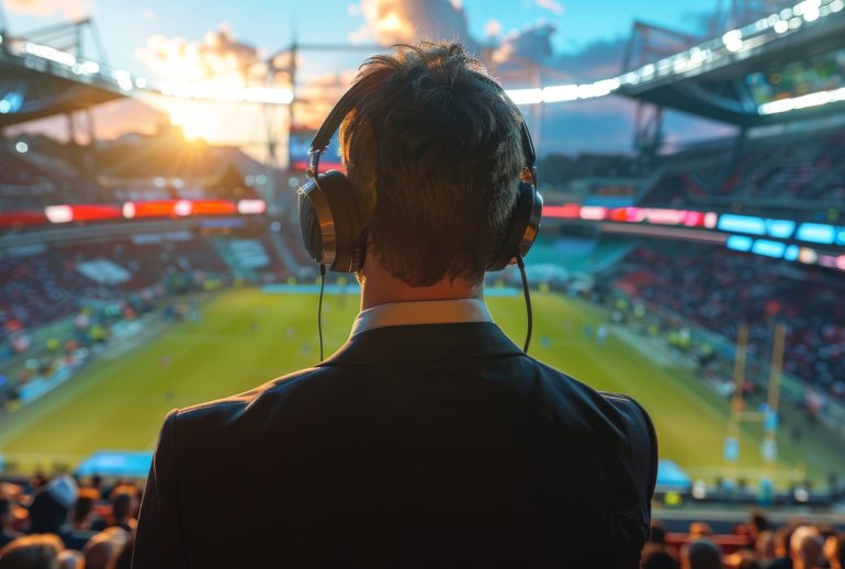 A person is standing in front of a large, excited crowd at a soccer game, likely a sports commentator or presenter. The crowd appears animated as they watch the game unfold, with flags and jerseys visible in the background.