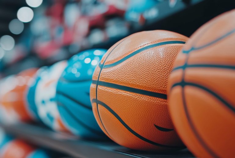 A variety of basketballs in vibrant colors are neatly arranged on a display shelf in a sports store, showcasing a selection of recreational equipment available for sports enthusiasts.
